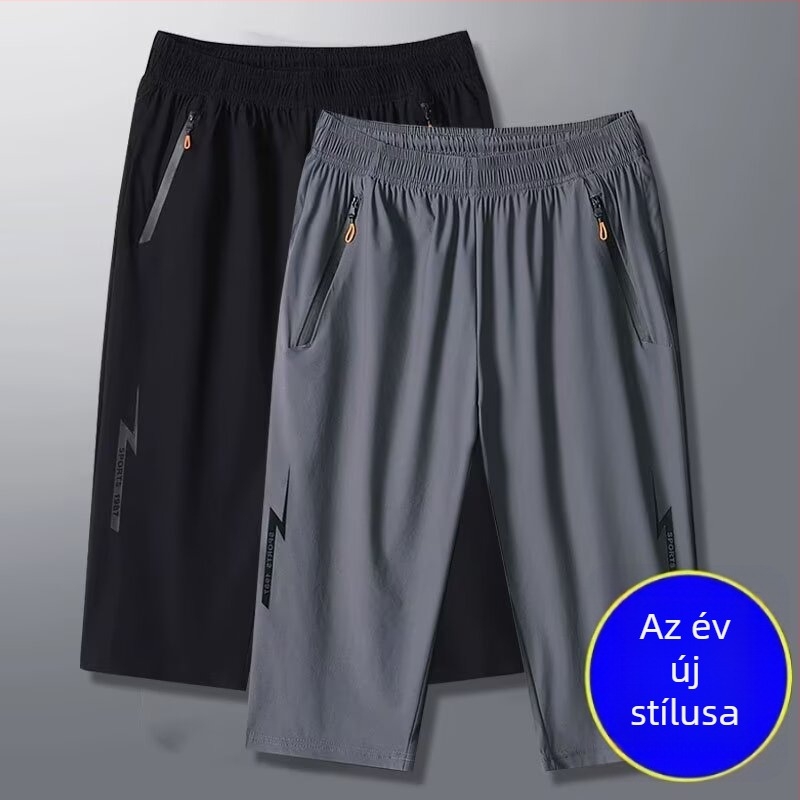 Férfi nyári gyorsszáradó rövidnadrág jég-selyem anyaggal, mikroelasztikus, egyenes szabású, koreai stílus, 70–80% poliészter