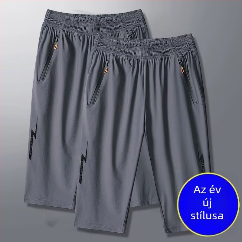 Férfi nyári gyorsszáradó rövidnadrág jég-selyem anyaggal, mikroelasztikus, egyenes szabású, koreai stílus, 70–80% poliészter