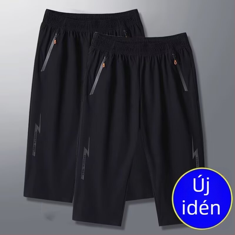 Férfi nyári gyorsszáradó rövidnadrág jég-selyem anyaggal, mikroelasztikus, egyenes szabású, koreai stílus, 70–80% poliészter