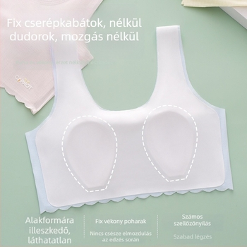 Nincs varrású melltartó, mellény-stílusú, a fejlődésben lévő lányoknak, ultra vékony formázott kosárkák szivaccsal, nylon anyag, fix dupla vállpántok, lélegző és kényelmes