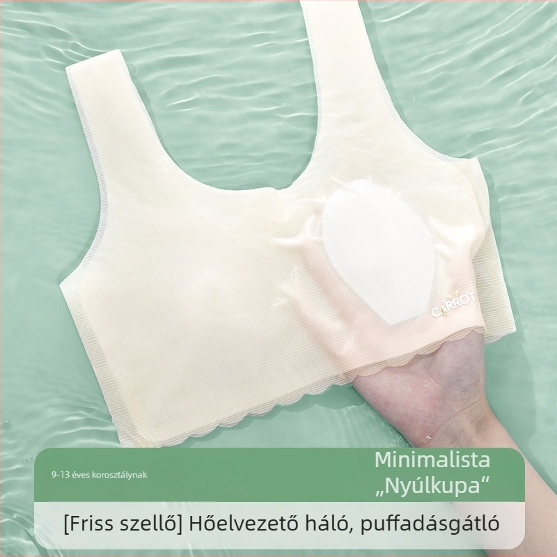Nincs varrású melltartó, mellény-stílusú, a fejlődésben lévő lányoknak, ultra vékony formázott kosárkák szivaccsal, nylon anyag, fix dupla vállpántok, lélegző és kényelmes