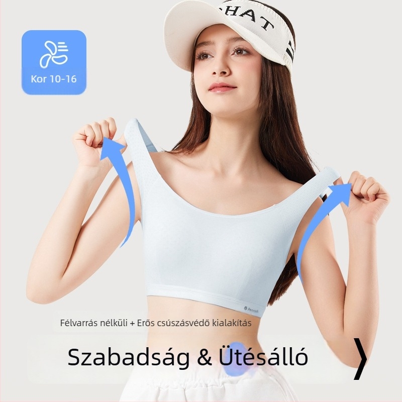 Nylonból készült sportmelltartó-vest tiniknek (12–15 év), teljes kosár, vékony öntött kosár, bélés 80–90% spandex, lélegző, rögzített dupla vállpántok