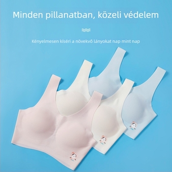 Lányoknak tervezett melltartó-vest, nylon főanyag, 37,4% spandex bélés, teljes kosárú, vékony formázott kosár, rögzített dupla vállpántok.
