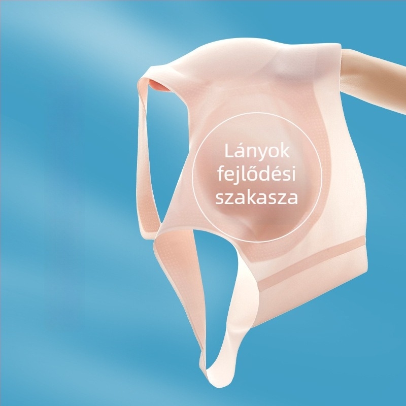 Lányoknak tervezett melltartó-vest, nylon főanyag, 37,4% spandex bélés, teljes kosárú, vékony formázott kosár, rögzített dupla vállpántok.