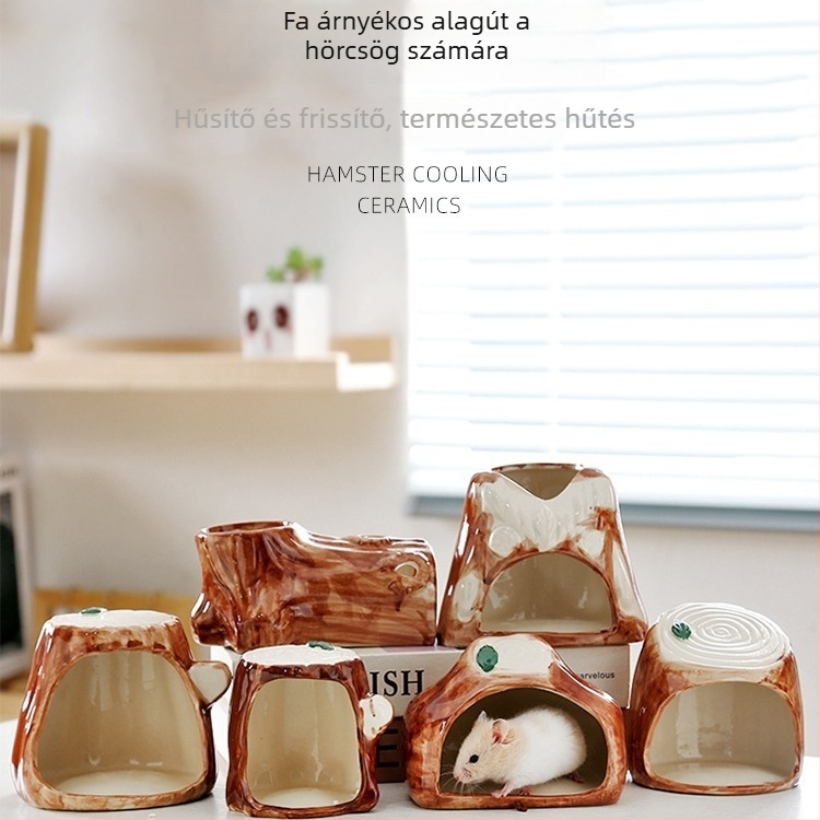 Kerámiából készült hörcsög ház, fa üreg imitációval, kerek alakú, vízálló, belső használatra