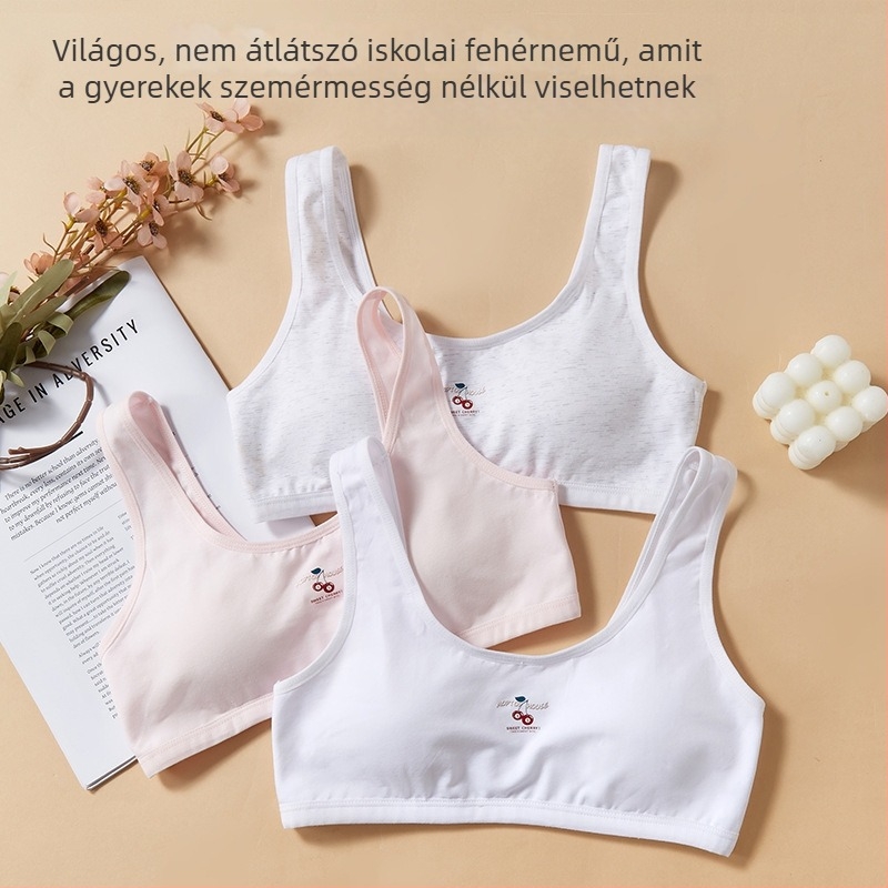 Pamut edzésmelltartó 12–15 éves lányoknak, vest-stílus, 3/4 kosár, vékony habbal bélelt, acélhurok nélkül, fix vállpántok, lélegző és kényelmes