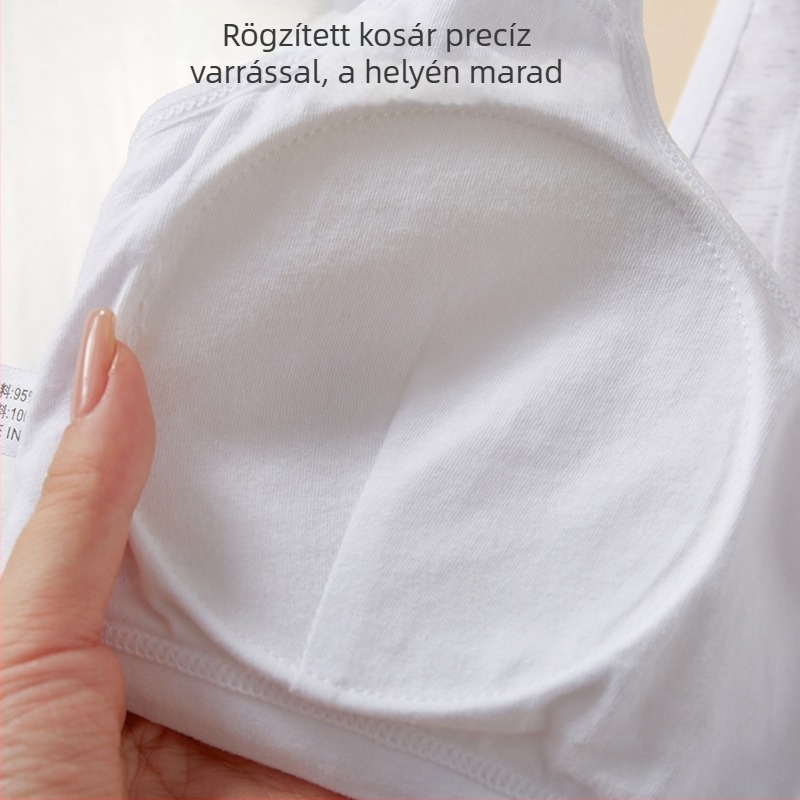 Pamut edzésmelltartó 12–15 éves lányoknak, vest-stílus, 3/4 kosár, vékony habbal bélelt, acélhurok nélkül, fix vállpántok, lélegző és kényelmes