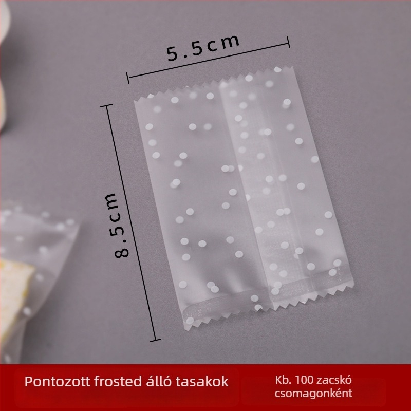 Csomagoló tasak pékáruhoz pont mintával és hópelyhek dizájnnal; gravírozott nyomtatás; gépi zárás; kompozit anyag; márka Jirui