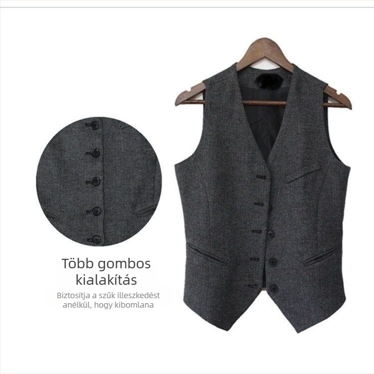 Tavaszi–ősz brit stílusú női mellény herringbone gyapjúból, karcsúsított szabás, lovas zakó-stílusú, rövid fazon