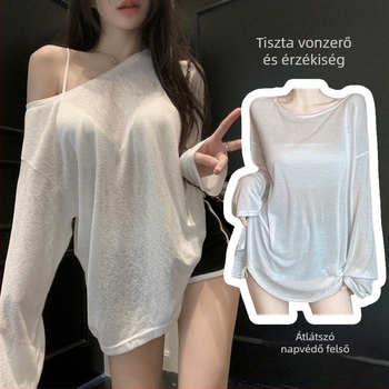 Koreai stílusú chiffon hosszú ujjú felső, enyhén átlátszó, lazán szabott, kerek nyakú, nyári napsugárvédelmi blúz