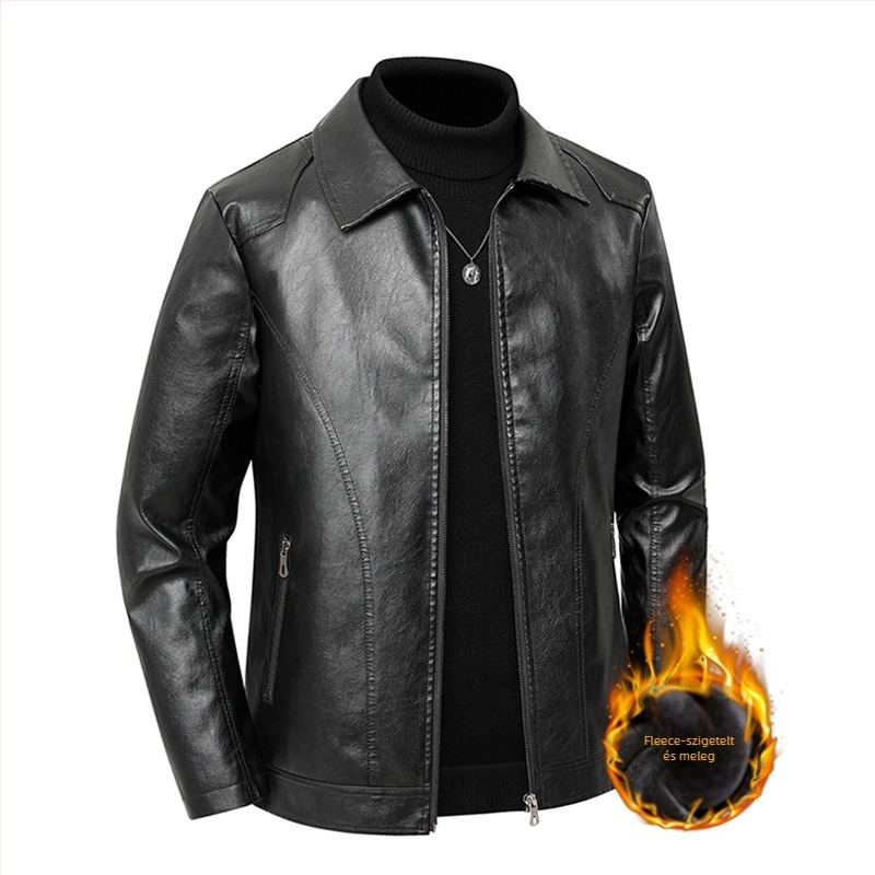 Férfi PU bőrdzseki, lazított szabás, cipzáras zárás, téli viselet.