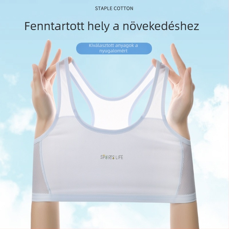 Váll nélküli sportmelltartó tiniknek 12–15 éveseknek, nylon főanyag, pamut bélés, teljes kosár, vékony formázott kosár, légáteresztő és izzadságot elvezető.