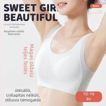Naylon anyagú mellény-stílusú melltartó tiniknek, teljes kosár, vékony formázott kosár, belső töltet 30–50% elasztán, 12–15 éveseknek