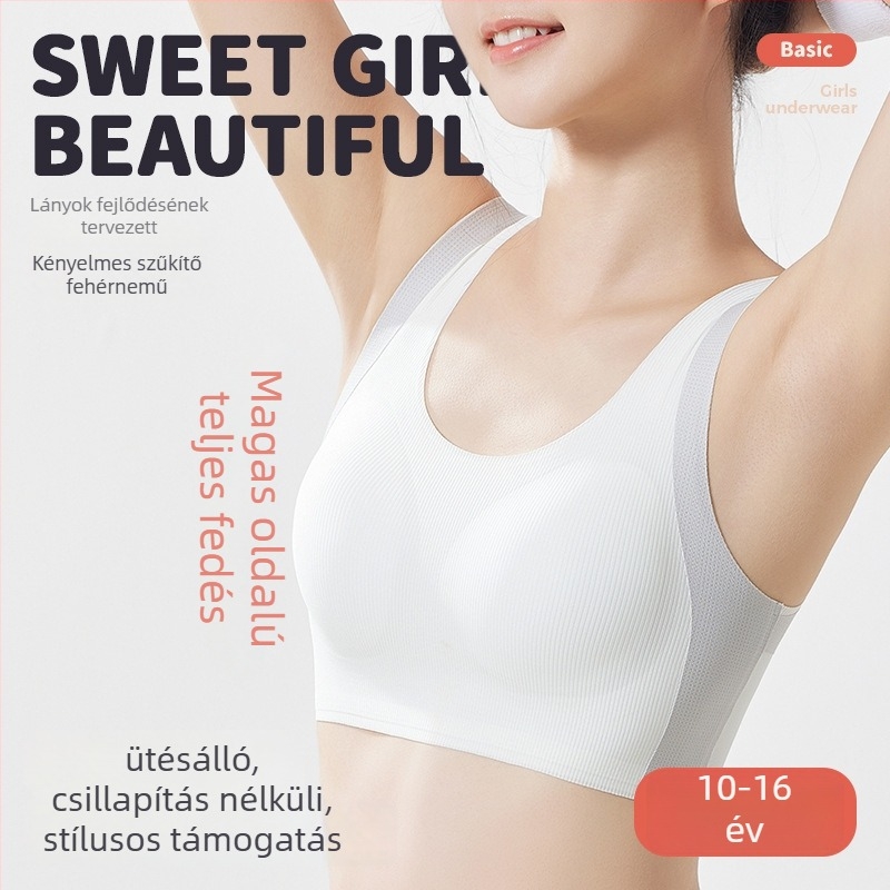 Naylon anyagú mellény-stílusú melltartó tiniknek, teljes kosár, vékony formázott kosár, belső töltet 30–50% elasztán, 12–15 éveseknek