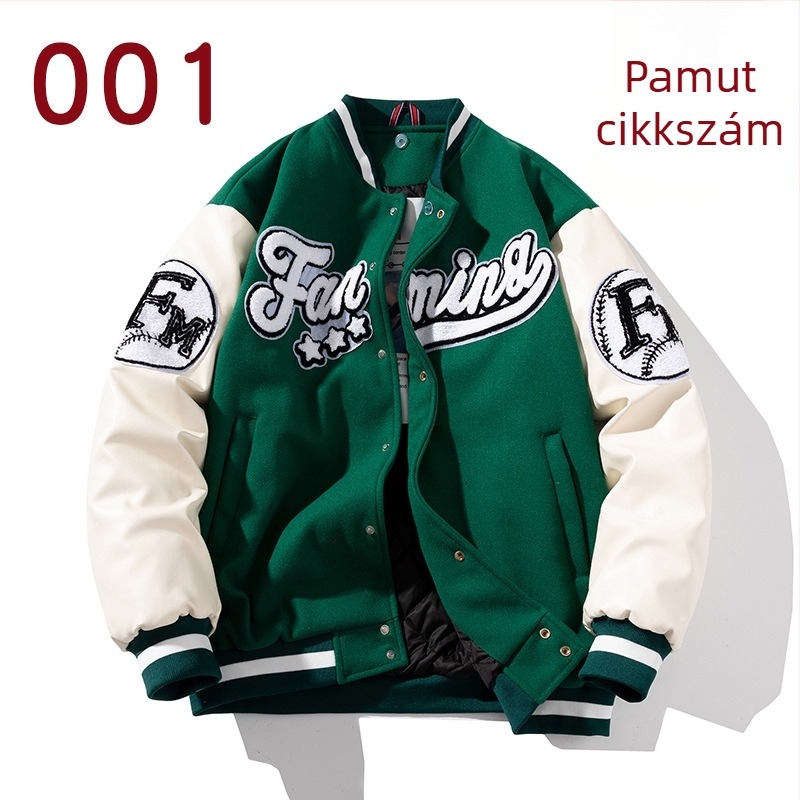 Baseball kabát hímzéssel, laza szabás, álló gallér, egyrészes gombolás, vastag poliészter anyag