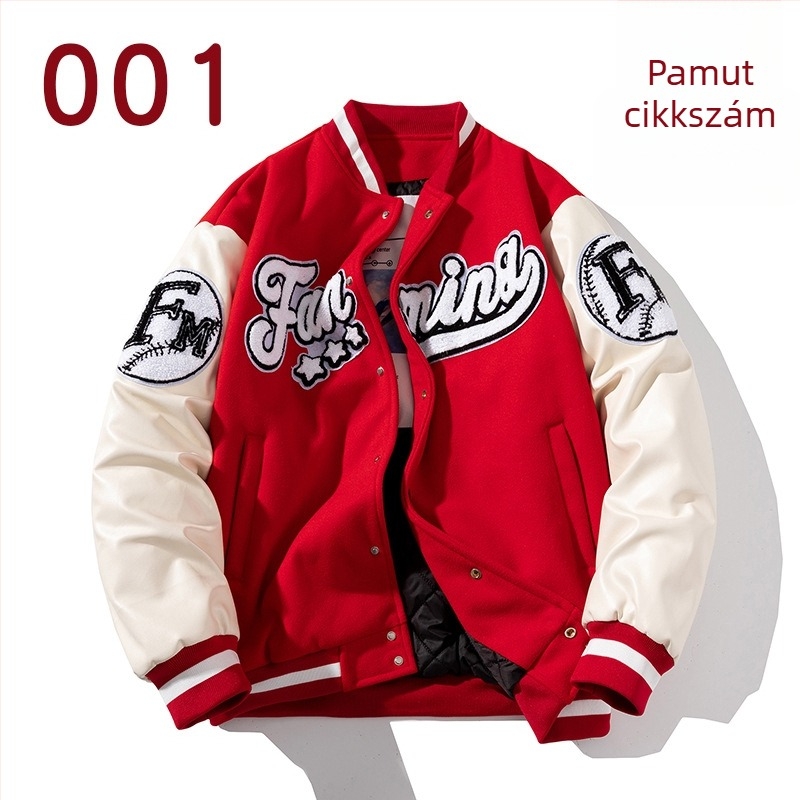 Baseball kabát hímzéssel, laza szabás, álló gallér, egyrészes gombolás, vastag poliészter anyag