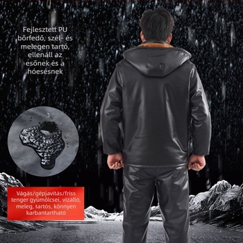 Bőrkabát és nadrág szett fleece béléssel, szélálló, vízálló, olajálló, meleg, motoros kiszállításra és munkaruházathoz