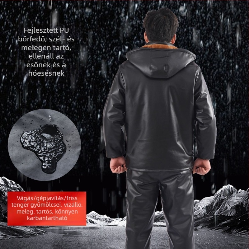 Bőrkabát és nadrág szett fleece béléssel, szélálló, vízálló, olajálló, meleg, motoros kiszállításra és munkaruházathoz