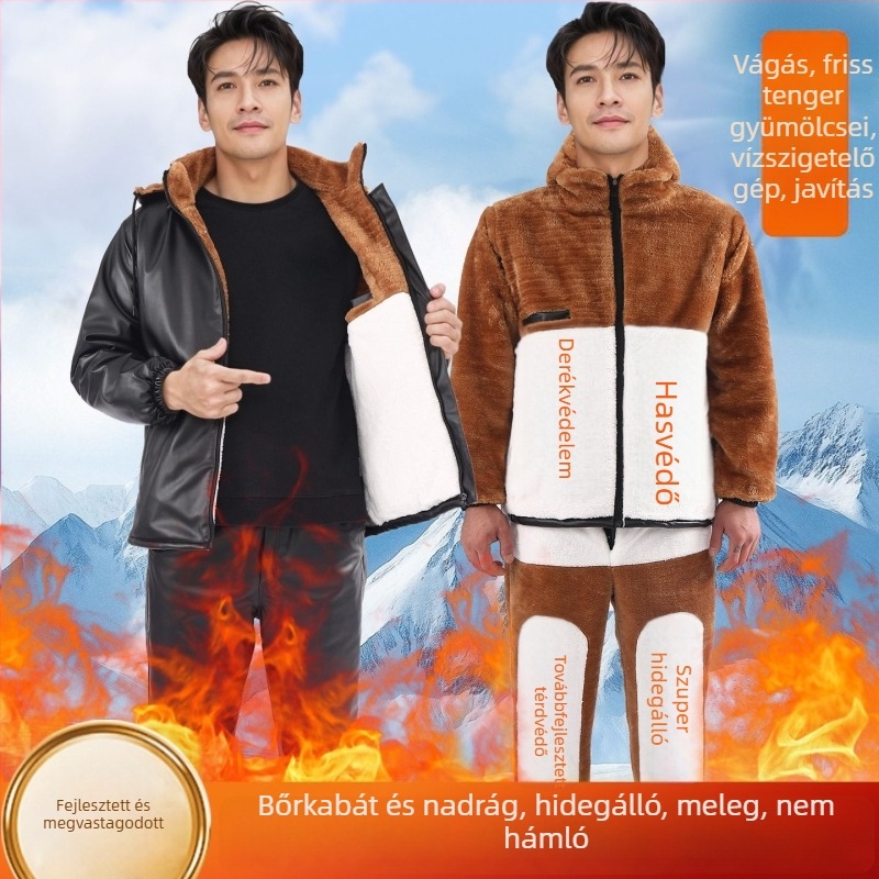 Bőrkabát és nadrág szett fleece béléssel, szélálló, vízálló, olajálló, meleg, motoros kiszállításra és munkaruházathoz