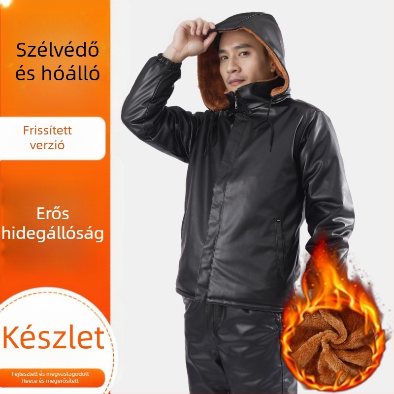 Bőrkabát és nadrág szett fleece béléssel, szélálló, vízálló, olajálló, meleg, motoros kiszállításra és munkaruházathoz