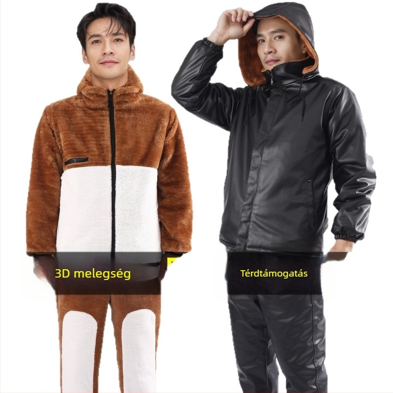 Bőrkabát és nadrág szett fleece béléssel, szélálló, vízálló, olajálló, meleg, motoros kiszállításra és munkaruházathoz