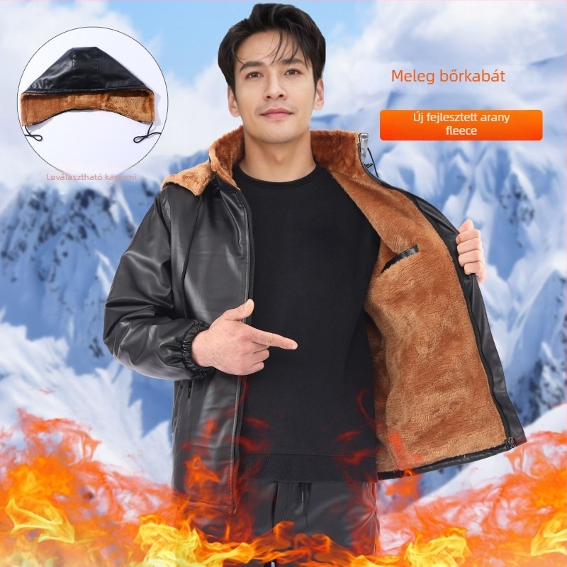 Bőrkabát és nadrág szett fleece béléssel, szélálló, vízálló, olajálló, meleg, motoros kiszállításra és munkaruházathoz