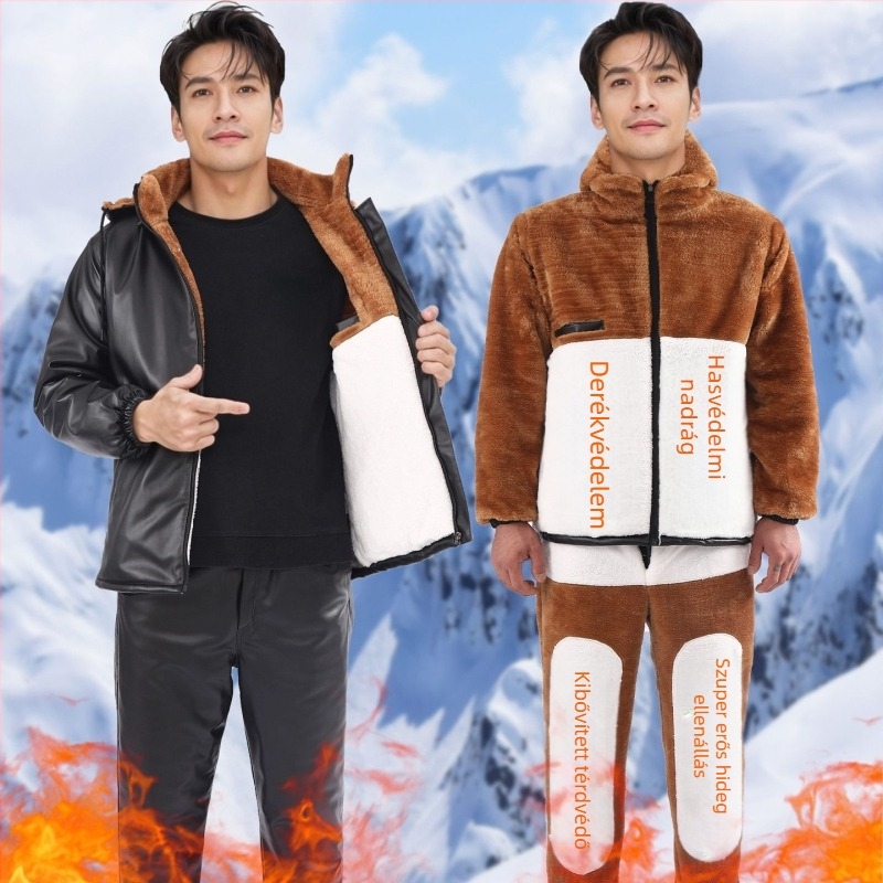 Bőrkabát és nadrág szett fleece béléssel, szélálló, vízálló, olajálló, meleg, motoros kiszállításra és munkaruházathoz