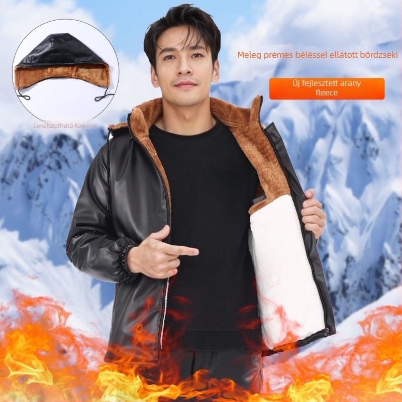 Bőrkabát és nadrág szett fleece béléssel, szélálló, vízálló, olajálló, meleg, motoros kiszállításra és munkaruházathoz