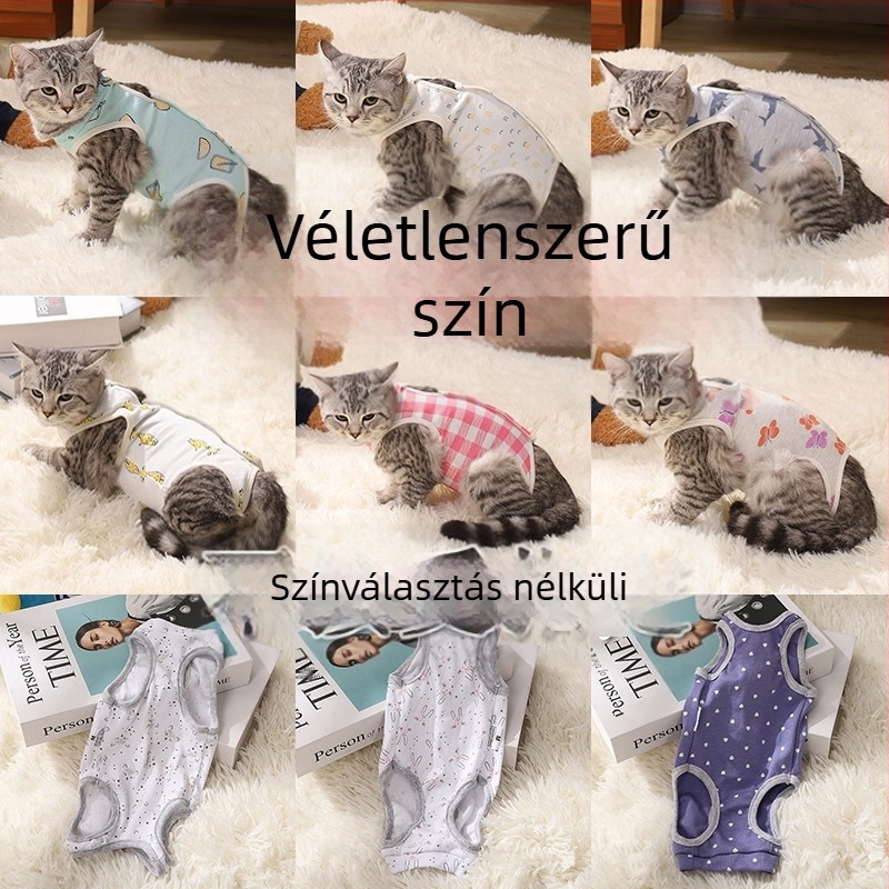 Macska sterilizálás utáni ruhája – lélegző pamut ruha házi kedvenceknek, háromfokú rögzítés: elasztikus pulóver, hátsó pánt és farkon Velcro; megakadályozza a fertőzéseket, a nyalogatást és a tejleadást; testhez álló, anti-szálhasadás