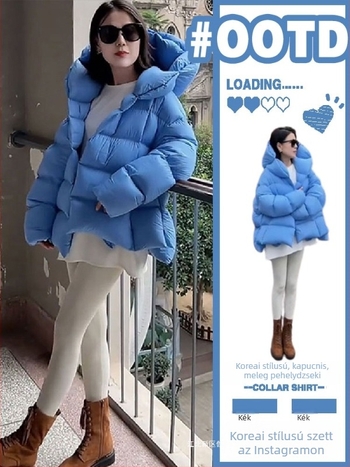 Női téli kapucnis pehelykabát fehér kacsa tollal, koreai stílus, oversize, kockás puff mintázat