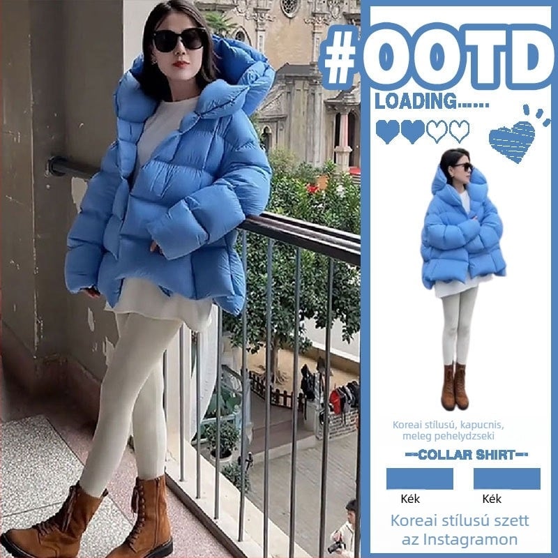 Női téli kapucnis pehelykabát fehér kacsa tollal, koreai stílus, oversize, kockás puff mintázat