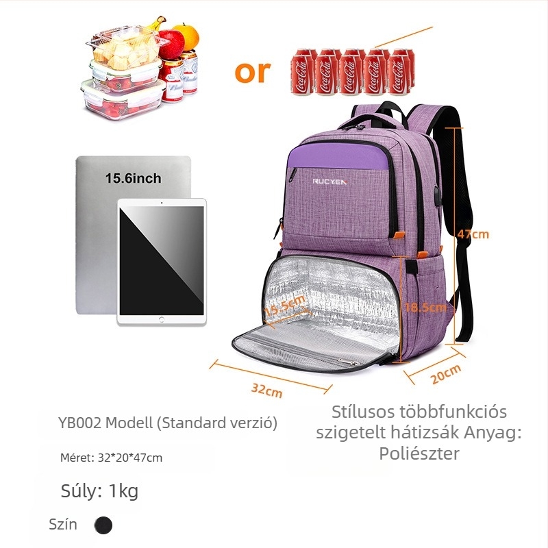 Unisex vízálló hátizsák izolált ebédtartóval, kapacitás 20 L alatt, légpárnás vállhevederrel.