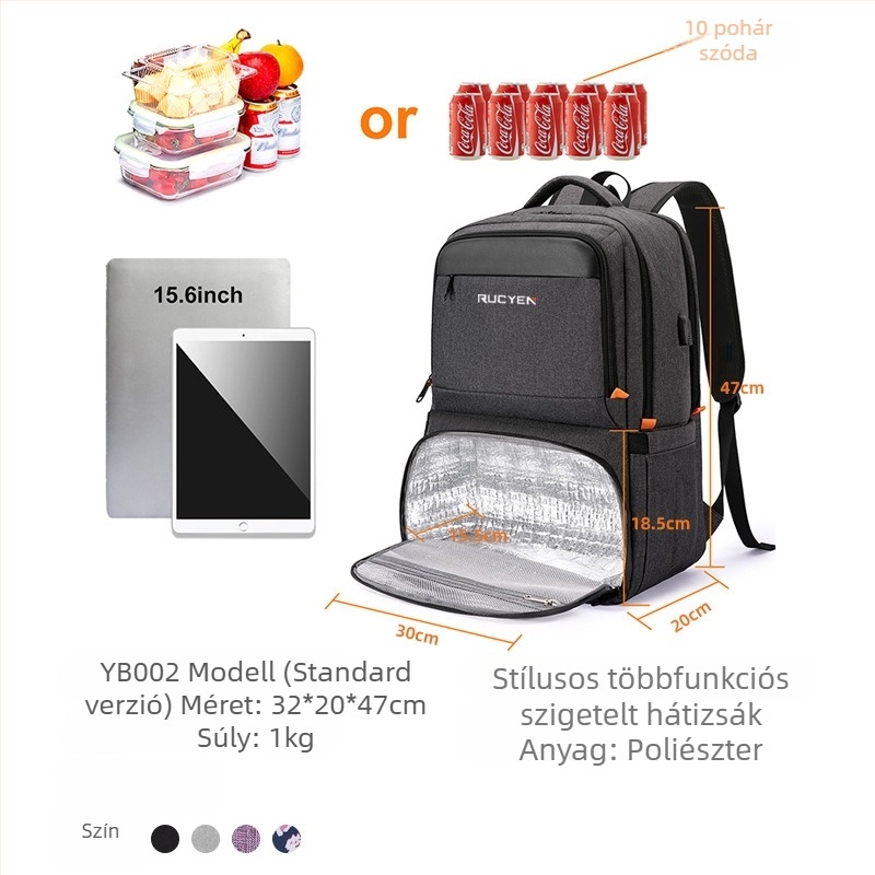 Unisex vízálló hátizsák izolált ebédtartóval, kapacitás 20 L alatt, légpárnás vállhevederrel.