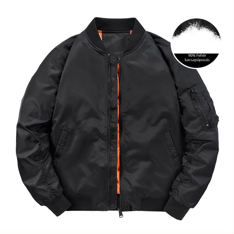 Férfi téli bomber dzseki fehér kacsapúppal töltött, külső anyag nylon, álló gallér, cipzár, vastag belső bélés, hideg elleni védelem -20°C-től -5°C-ig