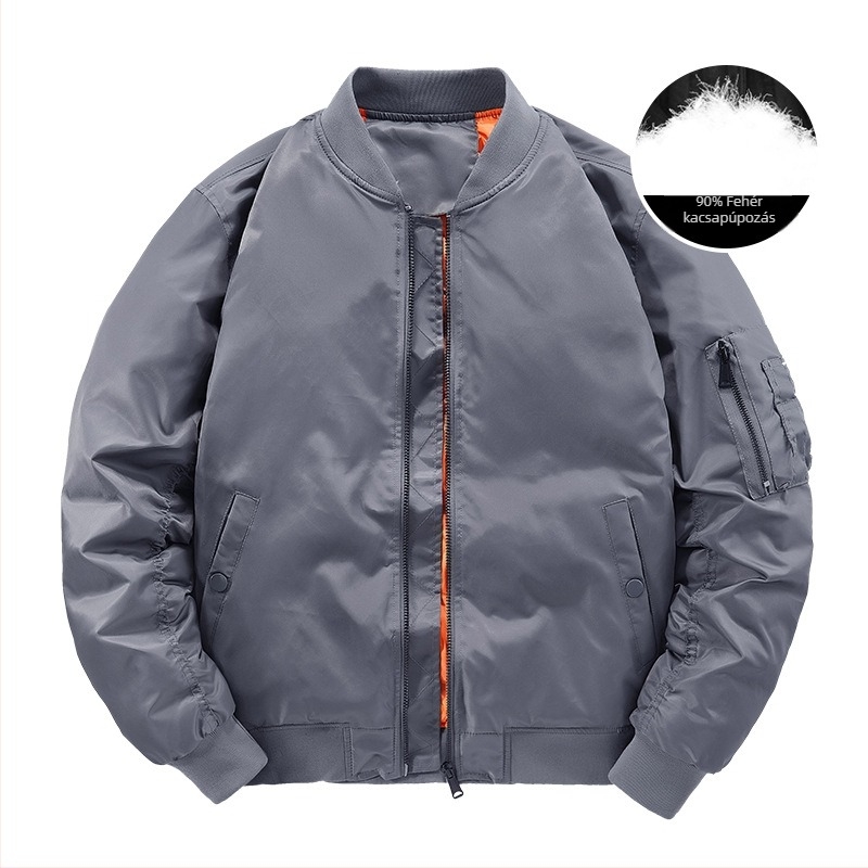 Férfi téli bomber dzseki fehér kacsapúppal töltött, külső anyag nylon, álló gallér, cipzár, vastag belső bélés, hideg elleni védelem -20°C-től -5°C-ig
