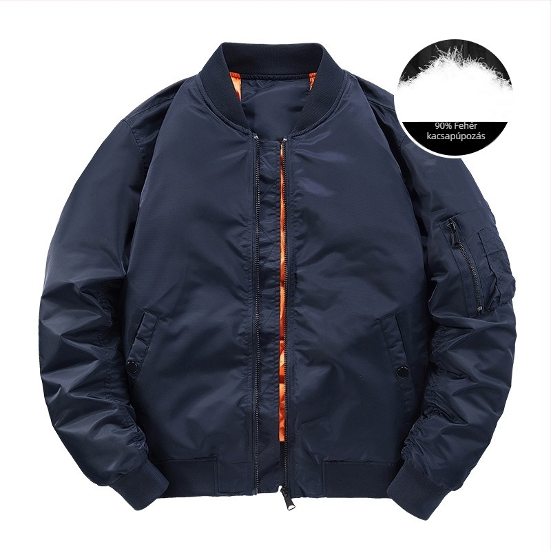 Férfi téli bomber dzseki fehér kacsapúppal töltött, külső anyag nylon, álló gallér, cipzár, vastag belső bélés, hideg elleni védelem -20°C-től -5°C-ig