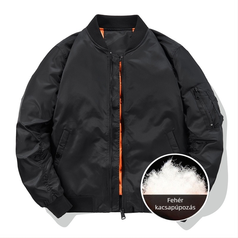 Férfi téli bomber dzseki fehér kacsapúppal töltött, külső anyag nylon, álló gallér, cipzár, vastag belső bélés, hideg elleni védelem -20°C-től -5°C-ig