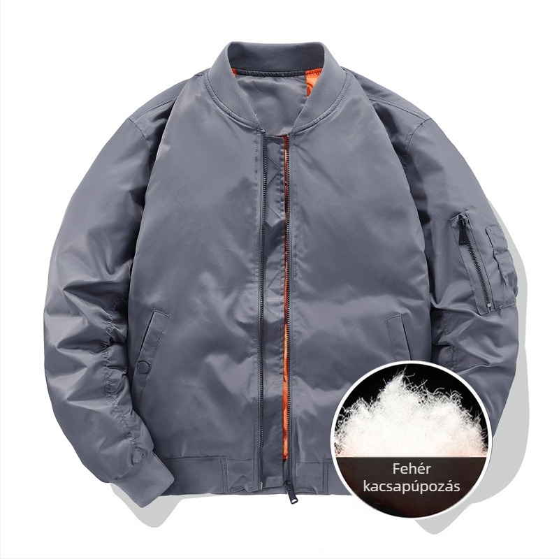 Férfi téli bomber dzseki fehér kacsapúppal töltött, külső anyag nylon, álló gallér, cipzár, vastag belső bélés, hideg elleni védelem -20°C-től -5°C-ig