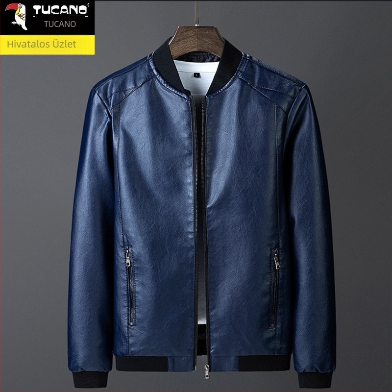 Férfi PU bőrdzseki állkarral, kapucnival, dupla soros záródással, fleece-béléssel és vastagított kialakítással, középhosszú