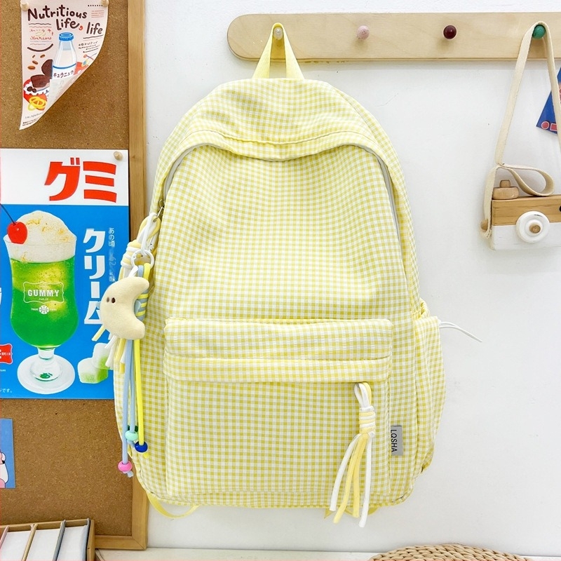 Nylon anyagú hátizsák kockás mintával, női kampus stílus, vállpánt légpárnával, poliészter bélés, kompatibilis 15 hüvelykes laptophoz