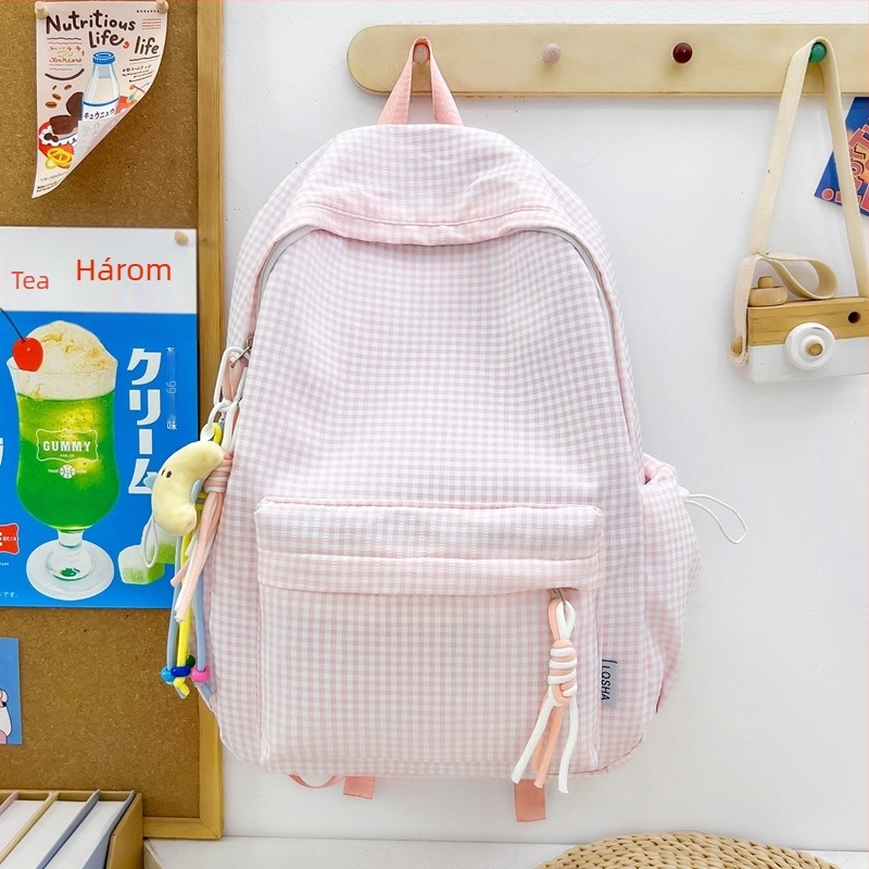 Nylon anyagú hátizsák kockás mintával, női kampus stílus, vállpánt légpárnával, poliészter bélés, kompatibilis 15 hüvelykes laptophoz