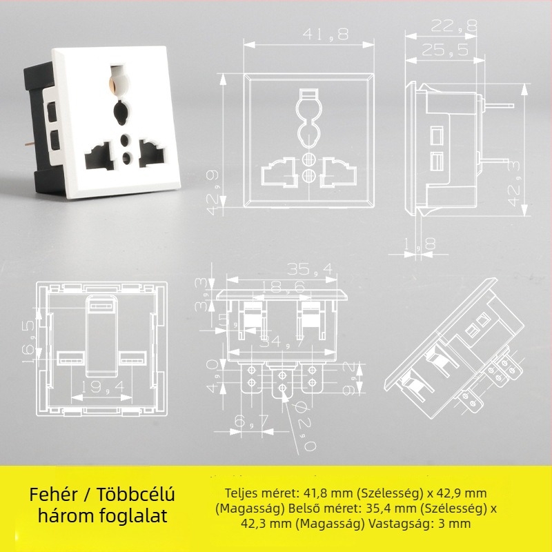 Áramkiválasztó asztali aljzat modul ötlyukú és háromlyukú aljzatokkal, beépített AC tápcsatlakozó