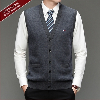 Férfi 100% gyapjú kardigán, V-nyakú, gallér nélküli, egy soros gombolás