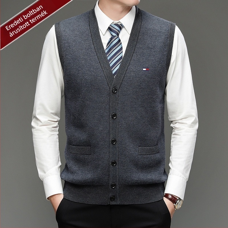 Férfi 100% gyapjú kardigán, V-nyakú, gallér nélküli, egy soros gombolás