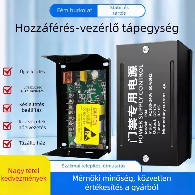 Hozzáférés-vezérlő tápegység, AC/DC modul, 12V, modellek P04/05/06, proximitás kártya azonosítás 0.03, működés 20°C