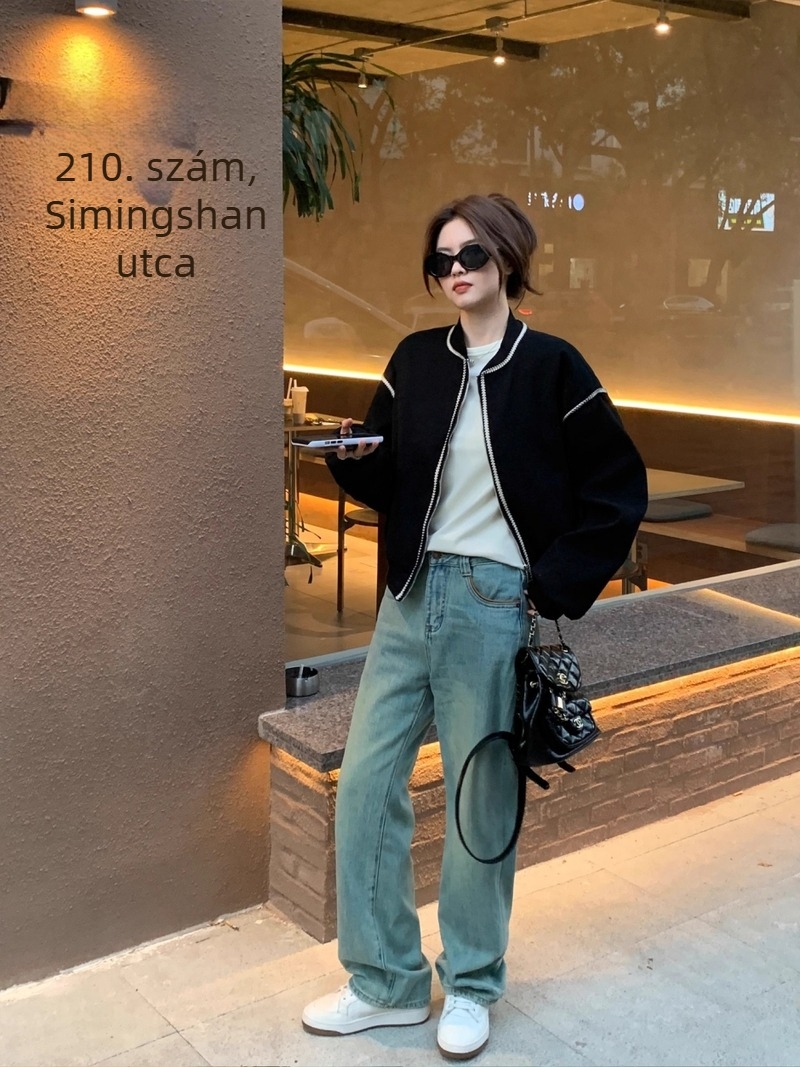 Női búza mintás retro casual baseball kardigán dzseki, hosszú ujjú, baseball gallér, 2025 tavasza