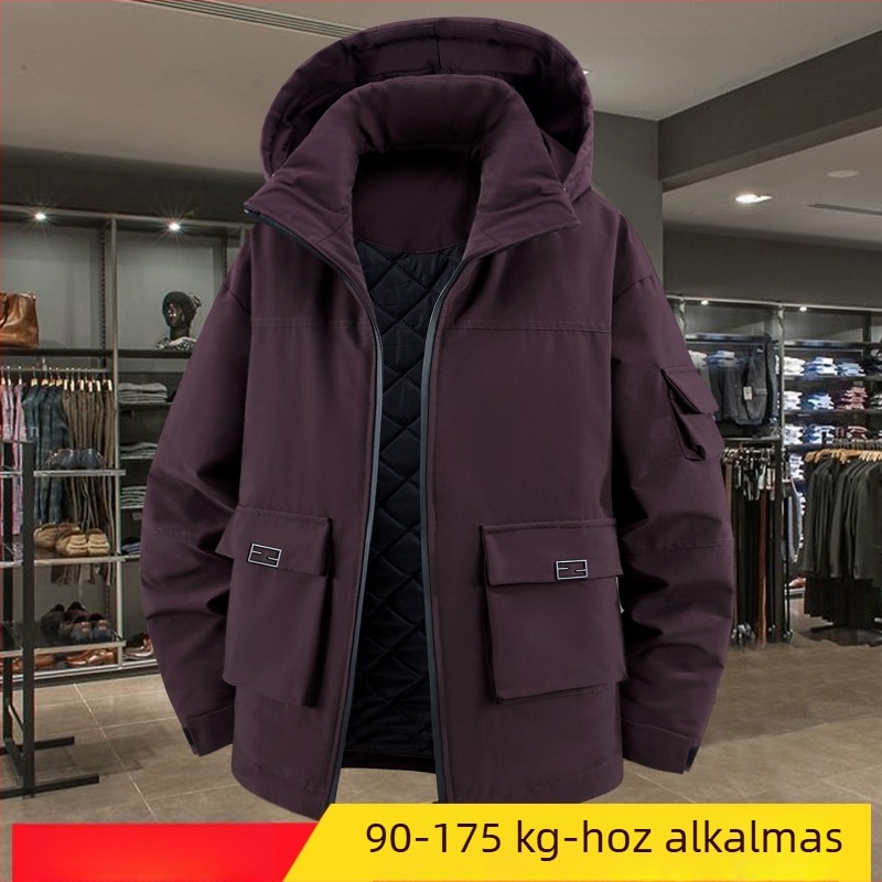 Plusz méretű téli pamut dzseki kapucnival, kültéri parkas férfiaknak, amerikai stílusú munkaruházat, több zsebbel