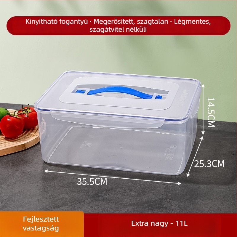 Műanyag élelmiszer-minőségű zárható rekesz hűtőbe, zöldségek tárolására; hőálló és fagyálló