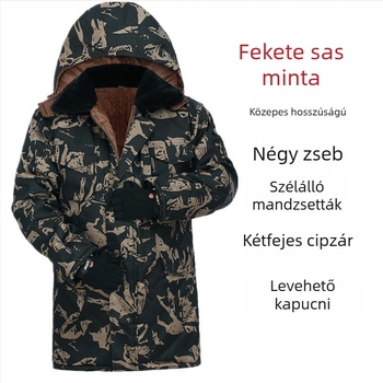 télen vastag bélelt pamutdzseki középhosszú, kapucnival, kamuflázi mintával, több zsebbel, cipzáras zárás, munkaruházat hideg környezethez
