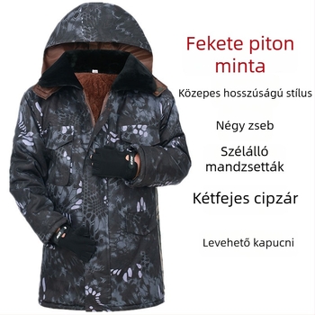 télen vastag bélelt pamutdzseki középhosszú, kapucnival, kamuflázi mintával, több zsebbel, cipzáras zárás, munkaruházat hideg környezethez